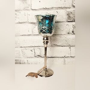 Teal 12.5" Mercury Glass Goblet Candle Holder Silver Stem Boho Glam Decor India